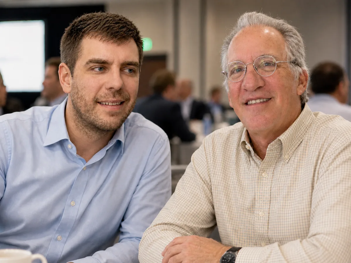 Chuck Feldman and Steven Sharp, co-founders of Warehouse Bridge, in conversation at a logistics industry event.